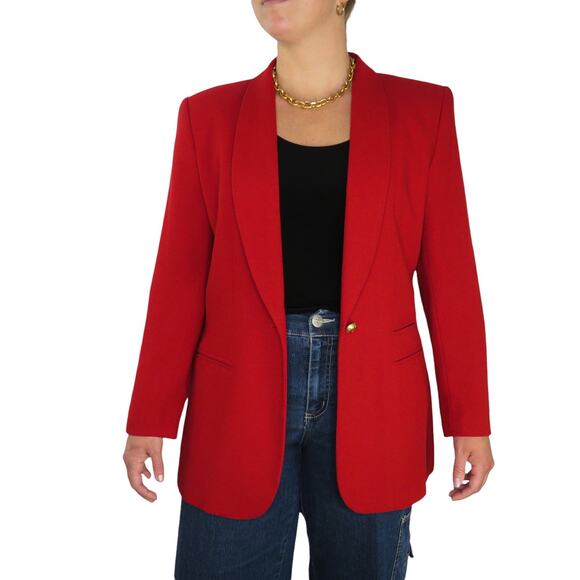 1990s Vintage Kasper Red Blazer Jacket Gold Buttons Large Retro Glam